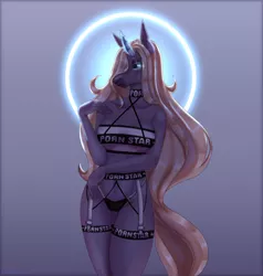 Size: 1219x1280 | Tagged: suggestive, artist:lisochka69, derpibooru import, oc, unofficial characters only, anthro, unicorn, belly button, bra, breasts, clothes, digital art, female, glowing horn, horn, image, jpeg, lingerie, looking at you, one eye closed, panties, simple background, solo, solo female, thighs, underwear