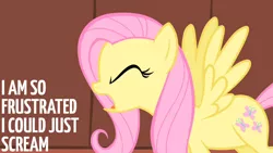 Size: 1280x720 | Tagged: safe, derpibooru import, edit, edited screencap, editor:quoterific, screencap, fluttershy, pegasus, pony, green isn't your color, season 1, eyes closed, female, image, jpeg, mare, open mouth, screaming, solo, spread wings, wings