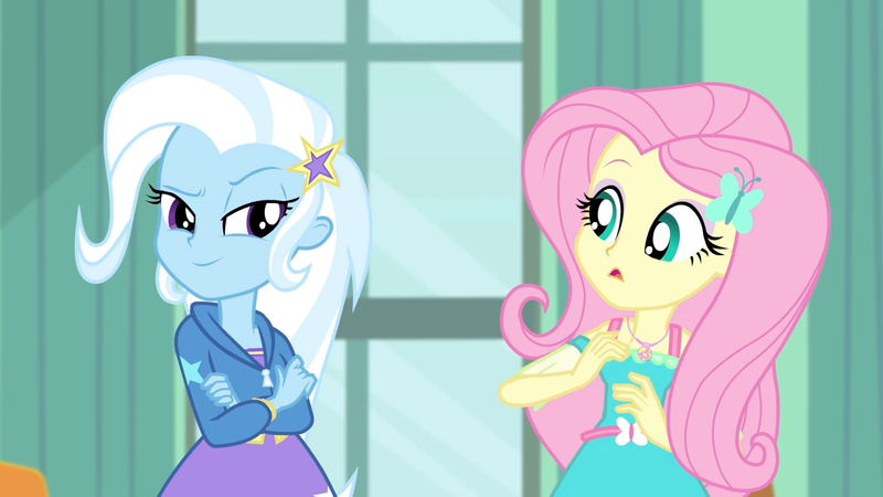 Size: 3410x1920 | Tagged: safe, derpibooru import, screencap, fluttershy, trixie, a little birdie told me, equestria girls, equestria girls series, clothes, crossed arms, cutie mark, cutie mark on clothes, female, geode of fauna, hairpin, hoodie, image, jewelry, jpeg, magical geodes, necklace, open mouth
