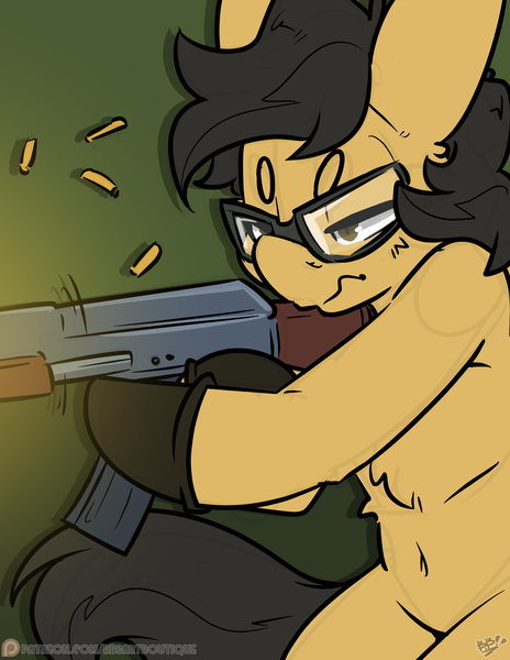 Size: 2550x3300 | Tagged: safe, artist:bbsartboutique, derpibooru import, oc, oc:crisom chin, pegasus, pony, ak-47, assault rifle, clothes, focused, gloves, goggles, gun, image, patreon, patreon reward, pew pew, png, rifle, safety goggles, weapon