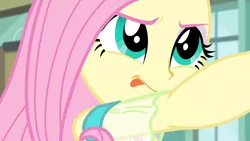 Size: 3410x1920 | Tagged: safe, derpibooru import, screencap, fluttershy, a little birdie told me, equestria girls, equestria girls series, close-up, female, geode of fauna, image, jewelry, jpeg, magical geodes, necklace, solo, tongue out