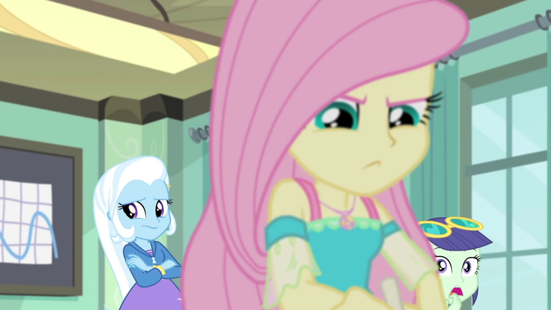 Size: 3410x1920 | Tagged: safe, derpibooru import, screencap, fluttershy, trixie, a little birdie told me, equestria girls, equestria girls series, chalk, clothes, crossed arms, female, geode of fauna, hoodie, image, jewelry, jpeg, magical geodes, necklace, open mouth