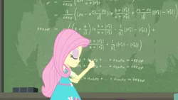 Size: 3410x1920 | Tagged: safe, derpibooru import, screencap, fluttershy, a little birdie told me, equestria girls, equestria girls series, chalk, chalkboard, clothes, cutie mark, cutie mark on clothes, eyes closed, female, geode of fauna, image, jewelry, jpeg, magical geodes, necklace, smiling, solo