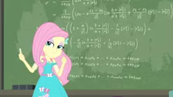 Size: 3410x1920 | Tagged: safe, derpibooru import, screencap, fluttershy, a little birdie told me, equestria girls, equestria girls series, chalk, chalkboard, clothes, cutie mark, cutie mark on clothes, female, geode of fauna, hairpin, image, jewelry, jpeg, magical geodes, necklace, smiling, smug, smugshy, solo