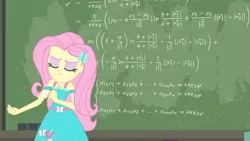 Size: 3410x1920 | Tagged: safe, derpibooru import, screencap, fluttershy, a little birdie told me, equestria girls, equestria girls series, chalk, chalkboard, clothes, cutie mark, cutie mark on clothes, eyes closed, female, geode of fauna, hairpin, image, jewelry, jpeg, magical geodes, necklace, smiling, smug, smugshy, solo