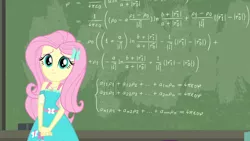 Size: 3410x1920 | Tagged: safe, derpibooru import, screencap, fluttershy, a little birdie told me, equestria girls, equestria girls series, chalk, chalkboard, clothes, cutie mark, cutie mark on clothes, female, geode of fauna, hairpin, image, jewelry, jpeg, magical geodes, necklace, smiling, solo