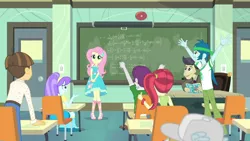 Size: 3410x1920 | Tagged: safe, derpibooru import, screencap, bulk biceps, cranky doodle donkey, fluttershy, wiz kid, a little birdie told me, equestria girls, equestria girls series, book, chalk, chalkboard, clothes, cutie mark, cutie mark on clothes, female, geode of fauna, hairpin, image, jewelry, jpeg, magical geodes, male, necklace, smiling