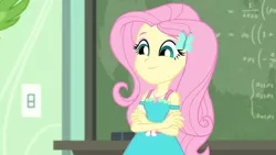 Size: 3410x1920 | Tagged: safe, derpibooru import, screencap, fluttershy, bird, a little birdie told me, equestria girls, equestria girls series, chalkboard, clothes, crossed arms, cute, cutie mark, cutie mark on clothes, female, geode of fauna, hairpin, image, jewelry, jpeg, magical geodes, necklace, shyabetes, smiling, solo