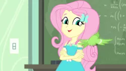 Size: 3410x1920 | Tagged: safe, derpibooru import, screencap, fluttershy, bird, a little birdie told me, equestria girls, equestria girls series, chalkboard, clothes, crossed arms, cute, cutie mark, cutie mark on clothes, female, geode of fauna, hairpin, image, jewelry, jpeg, magical geodes, necklace, open mouth, shyabetes, smiling, solo