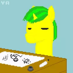 Size: 512x512 | Tagged: safe, artist:valuable ashes, derpibooru import, oc, oc:technical writings, pony, unicorn, drawing, eyes closed, image, male, morse code, pixel art, png, quill, simple background, solo, stallion, story included, table