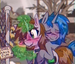 Size: 950x800 | Tagged: safe, artist:provolonepone, derpibooru import, oc, oc:homage, oc:littlepip, unofficial characters only, pony, unicorn, fallout equestria, blushing, clothes, female, heart eyes, image, lesbian, magic, mare, oc x oc, pipbuck, pipmage, png, shipping, tree, vault suit, wingding eyes