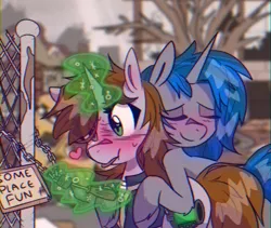 Size: 950x800 | Tagged: safe, artist:provolonepone, derpibooru import, oc, oc:homage, oc:littlepip, unofficial characters only, pony, unicorn, fallout equestria, blushing, chromatic aberration, clothes, female, heart eyes, image, lesbian, magic, mare, oc x oc, pipbuck, pipmage, png, shipping, tree, vault suit, wingding eyes