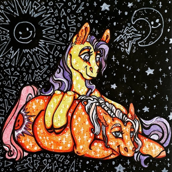 Size: 1080x1080 | Tagged: safe, artist:skior, derpibooru import, sunspot (character), earth pony, pony, g1, image, jpeg, lying down, napper, prone, traditional art