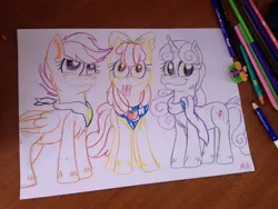 Size: 960x720 | Tagged: safe, artist:millefaller, derpibooru import, apple bloom, scootaloo, sweetie belle, earth pony, pegasus, pony, unicorn, :p, cutie mark, cutie mark crusaders, eyelashes, female, filly, horn, image, jpeg, lineart, smiling, the cmc's cutie marks, tongue out, traditional art, wings