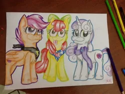 Size: 960x720 | Tagged: safe, artist:millefaller, derpibooru import, apple bloom, scootaloo, sweetie belle, earth pony, pegasus, pony, unicorn, :p, cutie mark, cutie mark crusaders, eyelashes, female, filly, horn, image, jpeg, signature, smiling, the cmc's cutie marks, tongue out, traditional art, wings