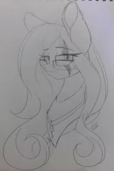 Size: 1637x2472 | Tagged: safe, artist:donnie-moon, derpibooru import, oc, oc:ren, unofficial characters only, pegasus, pony, bust, eye scar, eyelashes, female, glasses, grayscale, image, jpeg, lineart, mare, monochrome, pegasus oc, scar, solo, traditional art, wings