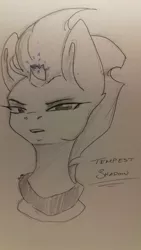 Size: 1836x3264 | Tagged: safe, artist:artfestation, derpibooru import, tempest shadow, pony, unicorn, broken horn, bust, female, horn, image, jpeg, lineart, mare, solo, sparking horn, traditional art