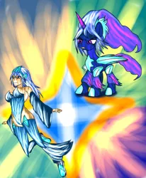 Size: 1400x1700 | Tagged: safe, artist:foxgearstudios, derpibooru import, oc, unofficial characters only, alicorn, pony, abstract background, alicorn oc, clothes, duo, female, horn, image, jpeg, mare, parent:princess luna, smiling, smirk, wings