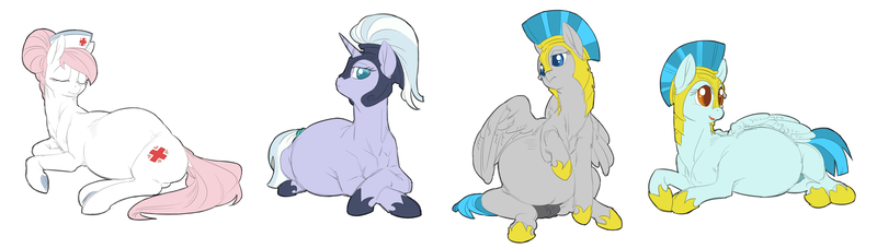 Size: 8080x2293 | Tagged: questionable, artist:snspony, derpibooru import, guardian angel (character), nurse redheart, silver sable, windstorm, earth pony, pegasus, pony, unicorn, crotchboobs, female, females only, guardsmare, image, mare, nudity, png, pregnant, royal guard, simple background, teats, white background