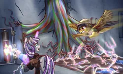 Size: 2667x1600 | Tagged: safe, artist:redahfuhrerking, derpibooru import, daring do, twilight velvet, pegasus, pony, unicorn, fanfic:spectrum of lightning, series:daring did tales of an adventurer's companion, barrel, bunker, clothes, electricity, fanfic art, female, image, jacket, leather jacket, magic, mare, png, roots, scar, tree