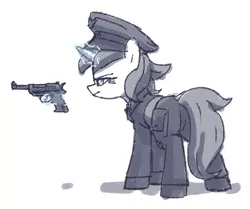 Size: 711x595 | Tagged: safe, artist:plunger, derpibooru import, oc, oc:panzerstute, pony, unicorn, clothes, female, gun, hat, image, monochrome, png, uniform, weapon