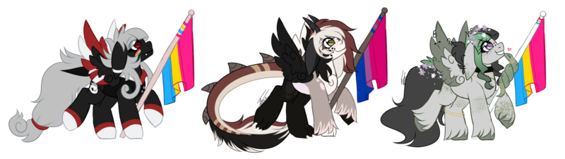 Size: 4000x1132 | Tagged: safe, artist:inspiredpixels, derpibooru import, oc, unofficial characters only, original species, pony, floppy ears, freckles, image, png, pride flag, simple background, spread wings, transparent background, unshorn fetlocks, wings