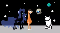 Size: 5132x2859 | Tagged: safe, artist:tomnice, derpibooru import, nightmare moon, alicorn, bear, human, pony, robot, asdfmovie, crossover, desmond the moon bear, despicable me, earth, female, g4, image, male, mare, moon, planet, png, portal (valve), portal 2, space, stars, victor perkins, wheatley