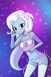 Size: 320x480 | Tagged: suggestive, artist:lumineko, derpibooru import, trixie, human, equestria girls, abstract background, adorasexy, bell, belly button, blushing, cat bell, cat ears, cat lingerie, clothes, colored, cute, diatrixes, image, lingerie, panties, png, sexy, socks, solo, thigh highs, underwear