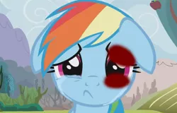 Size: 612x392 | Tagged: grimdark, banned from derpibooru, deleted from derpibooru, derpibooru import, edit, edited screencap, screencap, rainbow dash, season 2, the super speedy cider squeezy 6000, 1000 hours in ms paint, abuse, abuse edit, black eye, crying, dashabuse, floppy ears, image, png, sad