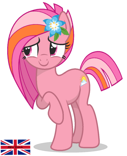 Size: 774x950 | Tagged: safe, artist:r4hucksake, derpibooru import, oc, oc:meadow sunrise, earth pony, pony, base used, bashful, earth pony oc, female, flower, flower in hair, image, mare, png, raised hoof, simple background, smiling, solo, transparent background