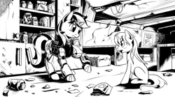 Size: 4256x2364 | Tagged: safe, artist:lexx2dot0, derpibooru import, oc, oc:blackjack, oc:boo, unofficial characters only, earth pony, unicorn, fallout equestria, fallout equestria: project horizons, amputee, black and white, clothes, duo, fanfic art, female, grayscale, high res, horn, image, monochrome, pipbuck, png, small horn, vault security armor, vault suit