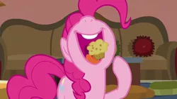 Size: 1280x720 | Tagged: safe, derpibooru import, screencap, pinkie pie, earth pony, pony, daring done?, season 7, cute, diapinkes, female, food, image, mare, muffin, nose in the air, open mouth, png, solo, uvula, volumetric mouth