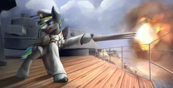 Size: 3950x2000 | Tagged: safe, artist:richmay, derpibooru import, oc, oc:tornado turbulence, equestria at war mod, battleship, cap, clothes, firing, hat, image, military, military uniform, png, pointing, solo, uniform, war, weapon, world war ii, yelling