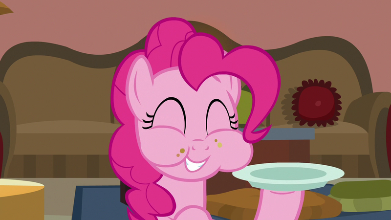 Size: 1280x720 | Tagged: safe, derpibooru import, screencap, pinkie pie, earth pony, pony, daring done?, season 7, ^^, aweeg*, cute, diapinkes, eyes closed, female, image, mare, plate, png, smiling, solo