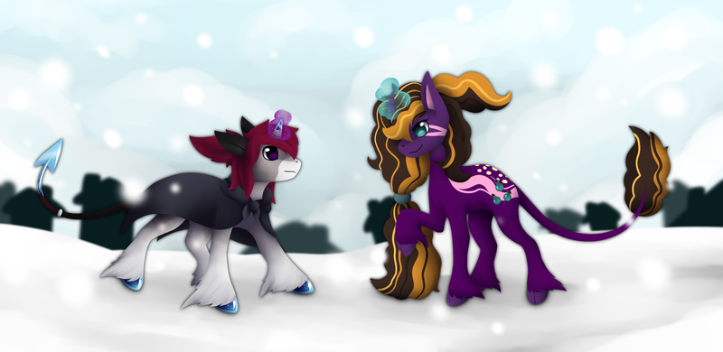 Size: 2281x1111 | Tagged: safe, artist:the-dreepy-mom, derpibooru import, oc, oc:arctic spark, oc:peanutbutter brew, unofficial characters only, pony, unicorn, female, image, magic, male, mare, png, snow, stallion