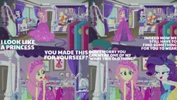 Size: 1280x720 | Tagged: safe, derpibooru import, edit, edited screencap, editor:quoterific, screencap, fluttershy, rarity, costume conundrum, equestria girls, equestria girls series, spoiler:eqg series (season 2), bracelet, clothes, costume conundrum: rarity, cutie mark, cutie mark on clothes, female, geode of shielding, hairpin, high heels, image, jewelry, jpeg, magical geodes, open mouth, rarity peplum dress, shoes