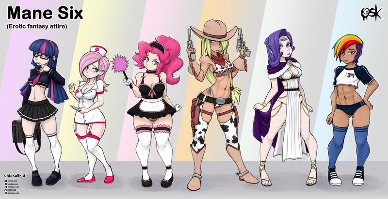 Size: 4423x2272 | Tagged: suggestive, alternate version, artist:oldskullkid, derpibooru import, part of a set, applejack, fluttershy, pinkie pie, rainbow dash, rarity, twilight sparkle, twilight sparkle (alicorn), alicorn, equestria girls, abs, alternate hairstyle, apron, belly button, bikini cowgirl, blushing, body freckles, breasts, busty fluttershy, busty pinkie pie, cape, choker, cleavage, clothes, converse, cowboy hat, cowgirl, dress, duster, female, freckles, french maid, garters, glasses, gloves, gun, handgun, hat, helloooooo nurse, human coloration, i can't believe it's not sci-twi, image, jpeg, lidded eyes, looking at you, maid, maid headdress, midriff, necktie, nurse outfit, panties, pistol, school uniform, sexy, shirt, shoes, skirt, smiling, sneakers, socks, solo, solo female, sports panties, stockings, thigh highs, thong, tongue out, twilight's professional glasses, underboob, underwear, weapon, wide hips