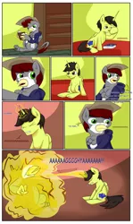 Size: 1920x3226 | Tagged: safe, artist:khaki-cap, derpibooru import, oc, oc:khaki-cap, oc:tommy, oc:tommy the human, alicorn, gryphon, comic:magical mishaps, alicorn oc, beak, book, bookshelf, cap, claws, clothes, comic, comic series, commissioner:bigonionbean, cutie mark, digital art, griffon oc, hat, hoodie, horn, image, jeans, jpeg, magic, pants, shirt, species, species swap, text, t-shirt, wings