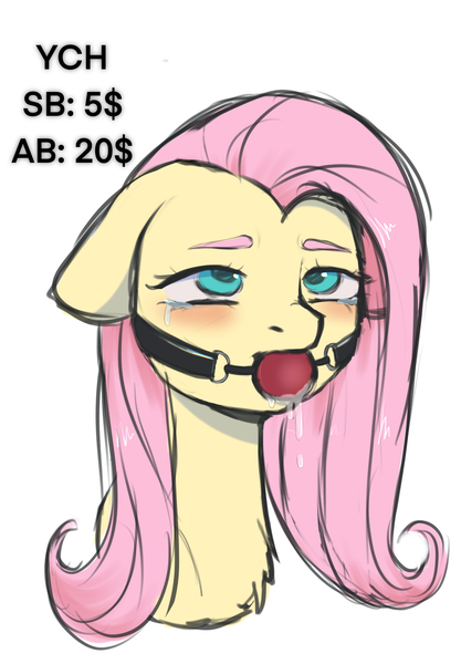 Size: 1640x2360 | Tagged: suggestive, artist:vaiola, derpibooru import, fluttershy, pegasus, pony, advertisement, auction, ballgag, blushing, bust, commission, crying, drool, eyes rolling back, female, femsub, floppy ears, flutterpet, fluttersub, gag, image, long mane, looking up, open mouth, pet play, png, portrait, simple background, sketch, solo, submissive, tears of pleasure, white background, ych example, ych sketch, your character here