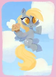 Size: 2490x3400 | Tagged: safe, artist:honeyrainee, derpibooru import, derpy hooves, pegasus, pony, :>, cloud, colored pupils, cute, derpabetes, female, flying, food, high res, image, jpeg, looking at you, mare, muffin, sky, solo