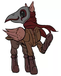 Size: 549x675 | Tagged: safe, artist:multiverseequine, derpibooru import, oc, oc:aftershock, unofficial characters only, pegasus, pony, boots, clothes, daybreak island, derpibooru exclusive, image, jacket, male, mask, pegasus oc, plague doctor mask, png, scarf, shoes, simple background, solo, white background, wings