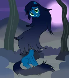 Size: 2282x2572 | Tagged: safe, artist:badumsquish, derpibooru import, monster pony, original species, pony, youkai, derpibooru exclusive, female, floating, floating head, fog, forest, full moon, grin, headless, image, lidded eyes, long hair, long mane, long tail, looking at you, messy hair, messy mane, messy tail, moon, night, nukekubi, png, show accurate, sitting, smiling, solo, tree