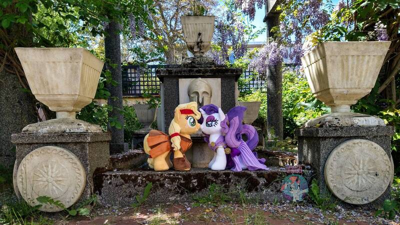 Size: 2000x1124 | Tagged: safe, artist:plushbylumi, derpibooru import, applejack, rarity, earth pony, pony, unicorn, commission, female, flower, garden, hercules, image, irl, jpeg, lesbian, mare, megara, photo, planter, plushie, rarijack, shipping