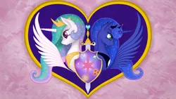 Size: 2934x1656 | Tagged: safe, artist:xodok, derpibooru import, princess celestia, princess luna, alicorn, series:ponyashnost, cutie mark, heart, horn, image, jewelry, png, sword, tiara, weapon, wings