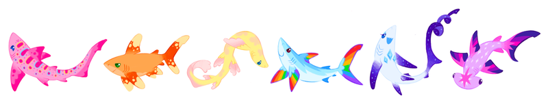 Size: 1280x255 | Tagged: safe, artist:webkinzworldz, derpibooru import, applejack, fluttershy, pinkie pie, rainbow dash, rarity, twilight sparkle, hammerhead shark, shark, brown shyshark, image, leopard shark, mane six, png, sharkified, shortfin mako shark, simple background, species swap, thresher shark, white background, whitetip shark