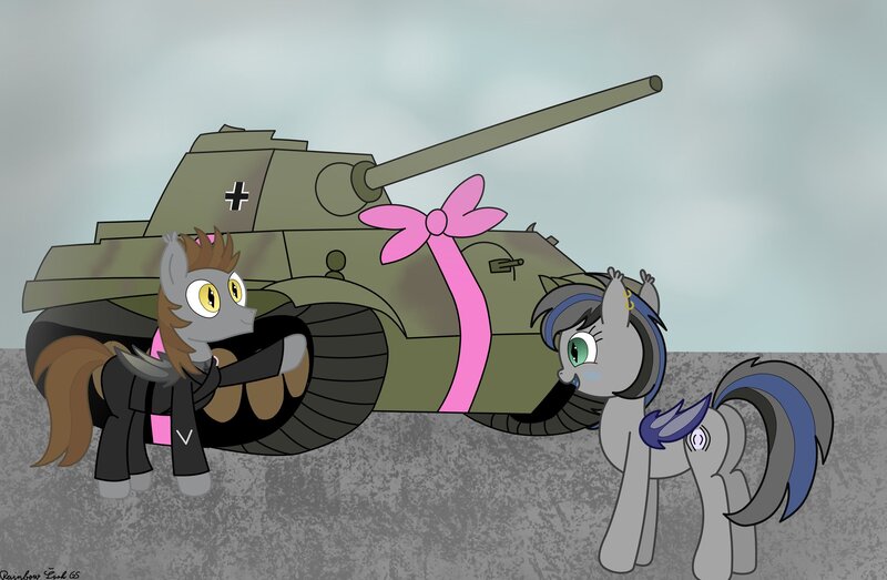 Size: 2048x1340 | Tagged: safe, artist:rainbowšpekgs, derpibooru import, oc, oc:devin, oc:nightglider, unofficial characters only, bat pony, pony, background, balkenkreuz, bat pony oc, bat wings, blushing, bowtie, butt, camouflage, clothes, cloud, cloudy, cutie mark, ear piercing, earring, female, germany, happy, image, jewelry, jpeg, looking at someone, male, mare, military, oc x oc, palindrome get, panther (tank), panzer, piercing, present, shipping, sky, smiling, stallion, tank (vehicle), uniform, war, wehrmacht, wholesome, wings, world war ii, wrapping