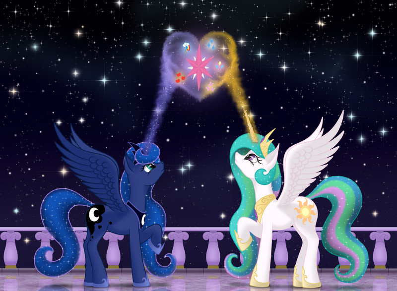 Size: 4500x3300 | Tagged: safe, artist:xodok, derpibooru import, princess celestia, princess luna, alicorn, series:ponyashnost, cutie mark, heart, horn, image, jewelry, jpeg, magic, night, stars, tiara, wings