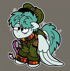 Size: 1024x1046 | Tagged: safe, artist:bobthedalek, derpibooru import, oc, oc:clippy ticket, unofficial characters only, pegasus, pony, bag, clothes, drooping wings, hat, image, jacket, jpeg, messy mane, saddle bag, sweater, tickets, tired