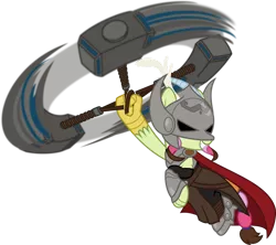 Size: 1280x1137 | Tagged: safe, artist:mlp-trailgrazer, derpibooru import, oc, oc:chaos blossom, draconequus, pony, clothes, cosplay, costume, female, hammer, image, mjölnir, png, simple background, solo, thor, transparent background, war hammer, weapon
