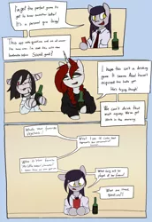 Size: 4928x7182 | Tagged: safe, artist:tenenbris, derpibooru import, oc, oc:abel masei, oc:alicia malice, oc:patricia sorg, semi-anthro, comic:things change, alcohol, beer, dialogue, drinking, eyeshadow, image, makeup, png